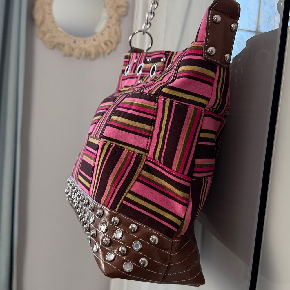 Pink Striped Vegan Leather Studded Bag Rhinestone Glam |Statement Purse Like New - Picture 10 of 17